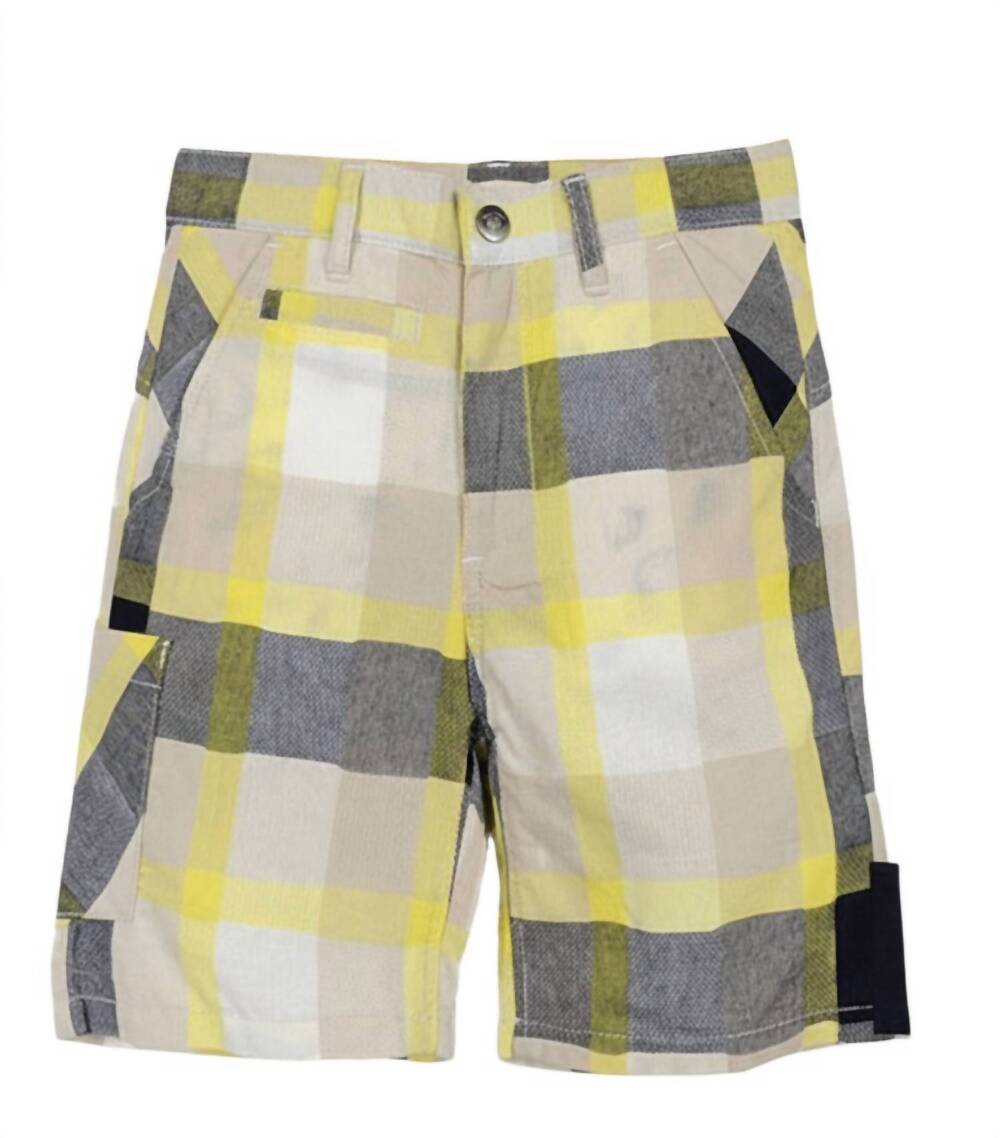 NEW APPAMAN kids seaside spectra plaid shorts in yellow & grey